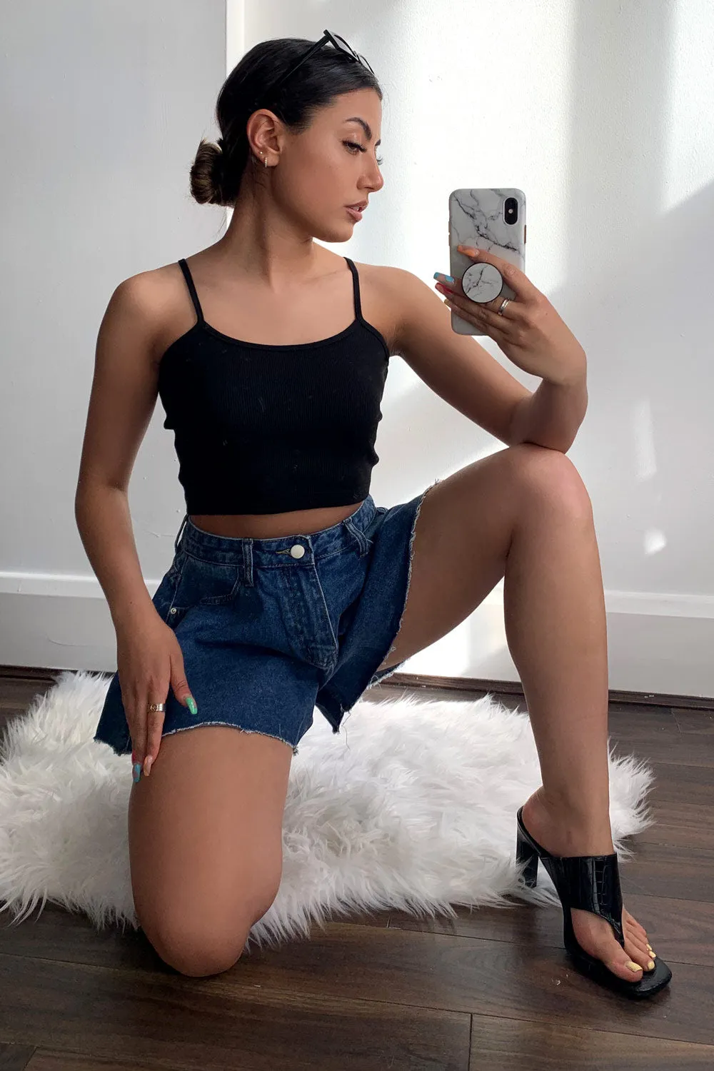 Martha Dark Blue Denim High Waisted Flared Shorts sold by Lasula product image thumbnail 5