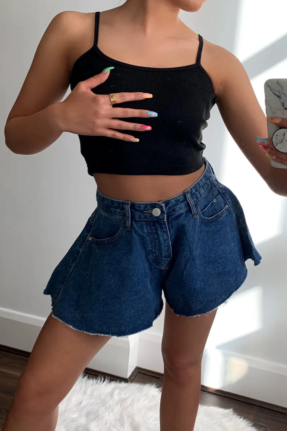 Martha Dark Blue Denim High Waisted Flared Shorts sold by Lasula