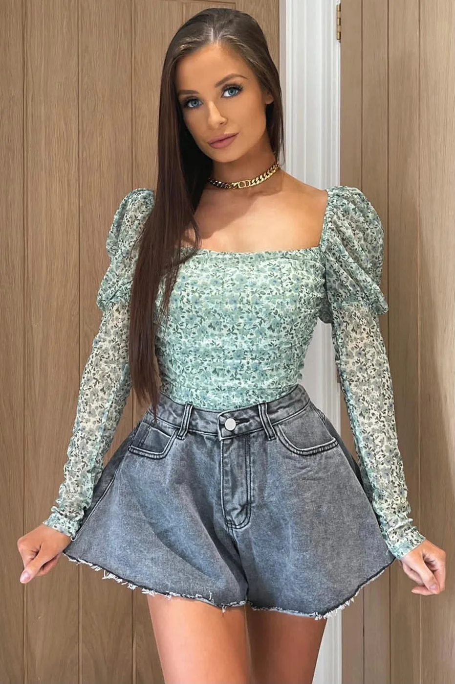 Martha Grey Denim High Waisted Flared Shorts sold by Lasula