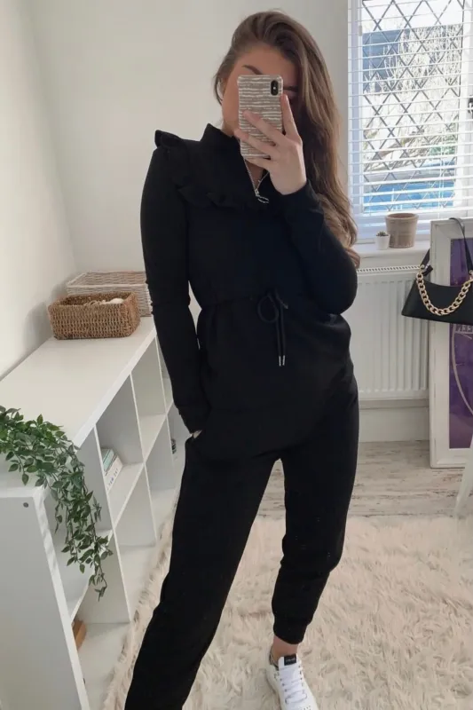 Black Frill Gathered Waist Top and Trousers Co-Ord Set made by Lasula