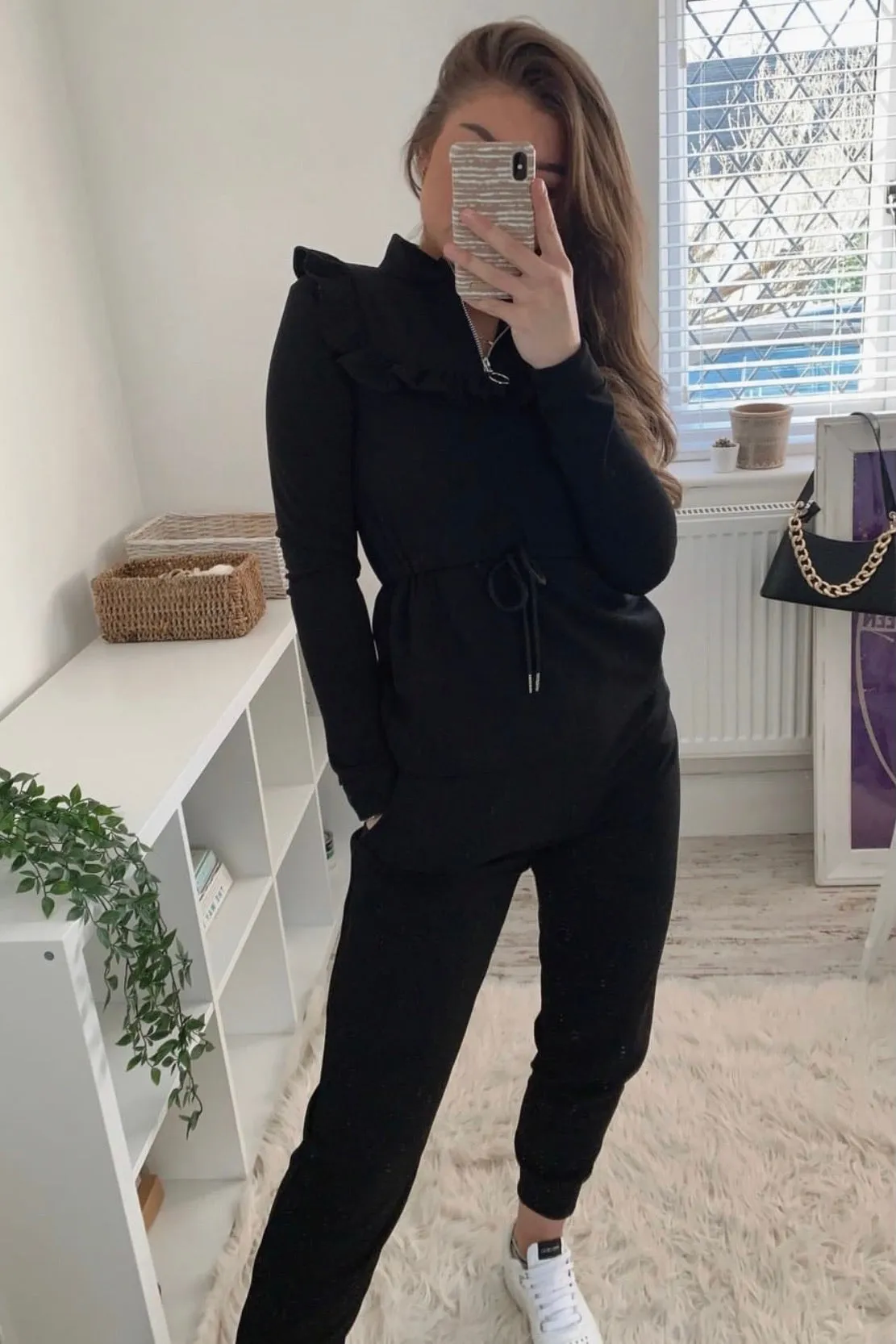Black Frill Gathered Waist Top and Trousers Co-Ord Set sold by Lasula