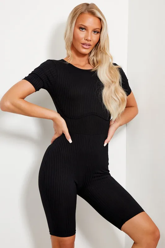 Black Ribbed Corset Detail Unitard Playsuit sold by Lasula