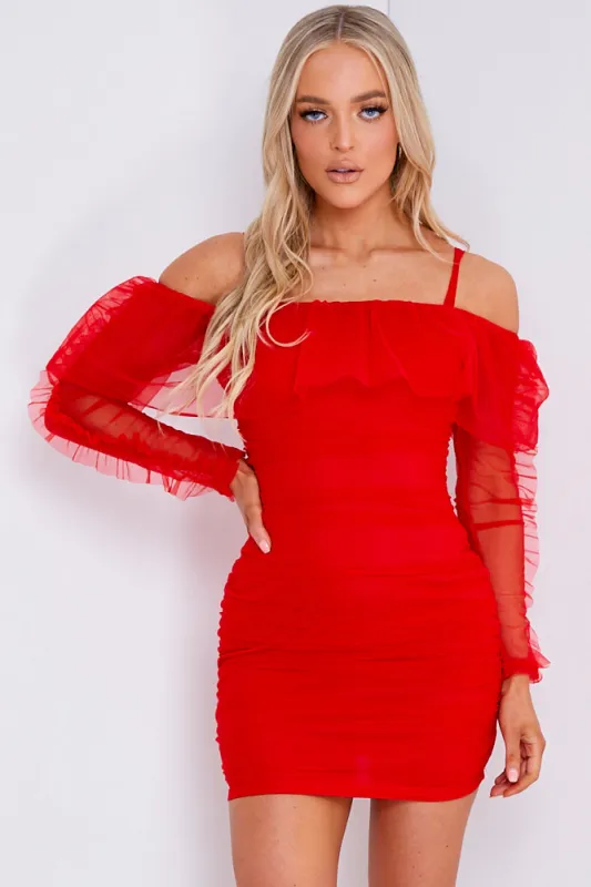 Red Ruched Mesh Bardot Mini Dress sold by Lasula