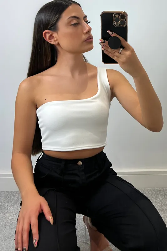 Ariaa White One Shoulder Crop Top sold by Lasula