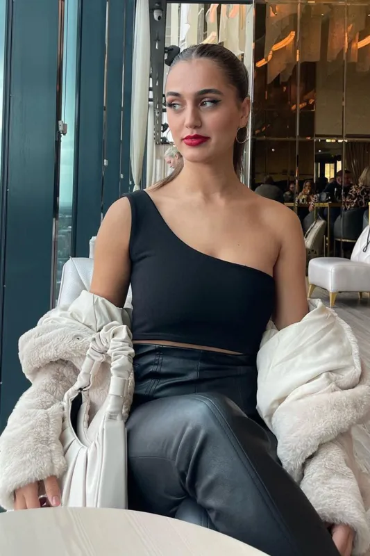 Ariaa Black One Shoulder Crop Top sold by Lasula