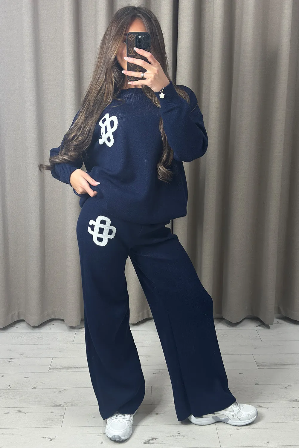 Lison Navy Knitted Loungewear Set with Contrasting Emblem sold by Lasula
