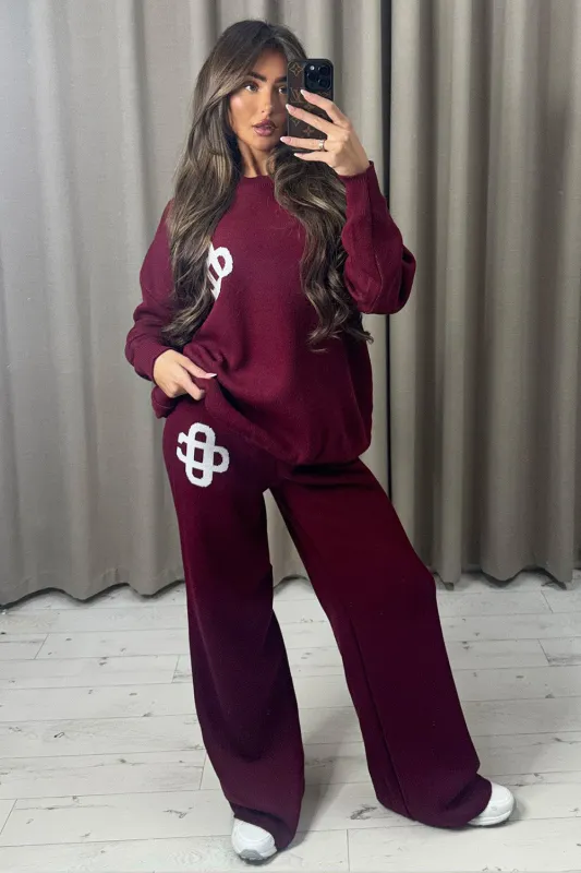 Lison Wine Knitted Loungewear Set with Contrasting Emblem made by Lasula