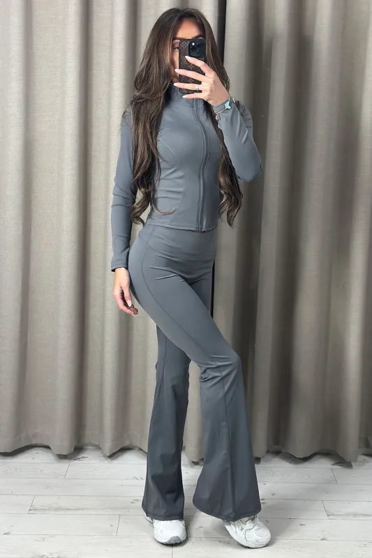 Carla Charcoal Zip Up Jacket and Ruched Flared Leggings Gym Set made by Lasula