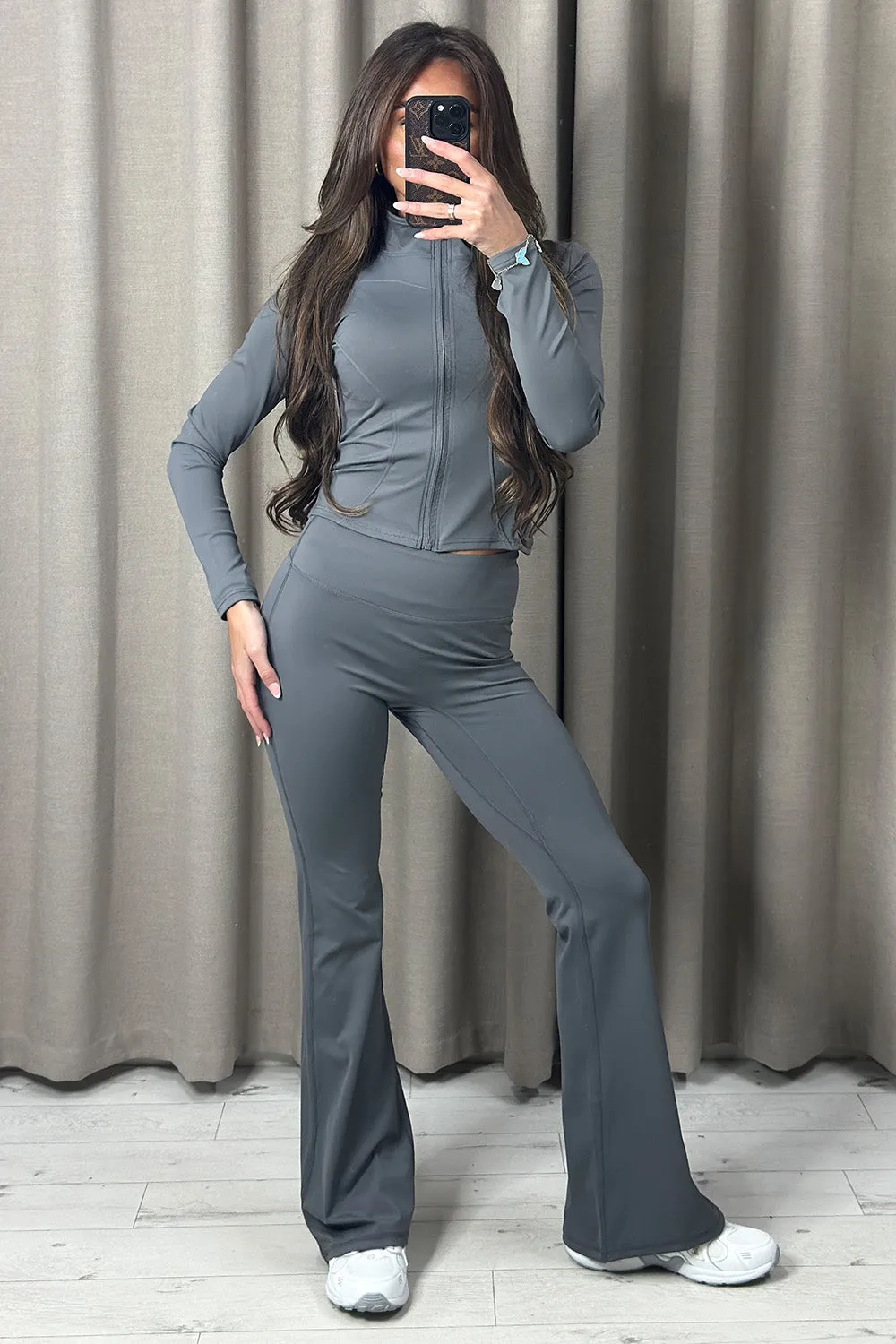 Carla Charcoal Zip Up Jacket and Ruched Flared Leggings Gym Set sold by Lasula product image thumbnail 3