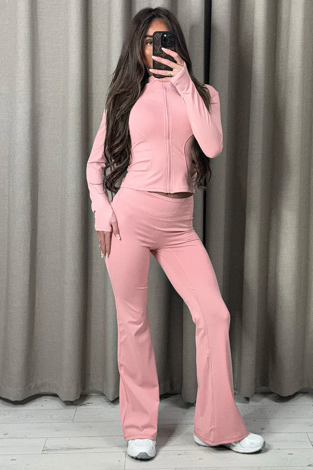 Carla Pink Zip Up Jacket and Ruched Flared Leggings Gym Set sold by Lasula product image thumbnail 2