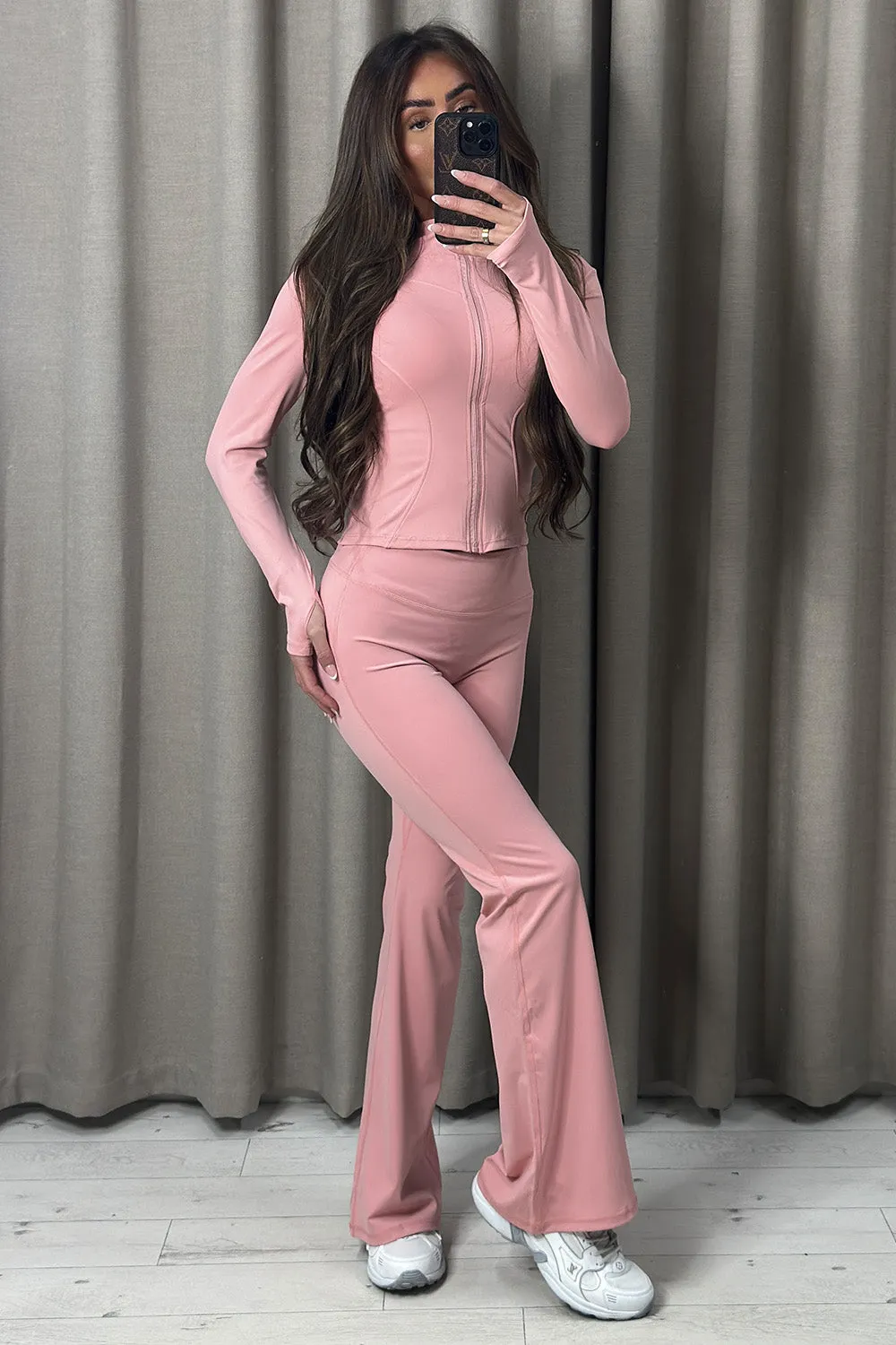 Carla Pink Zip Up Jacket and Ruched Flared Leggings Gym Set sold by Lasula product image thumbnail 4