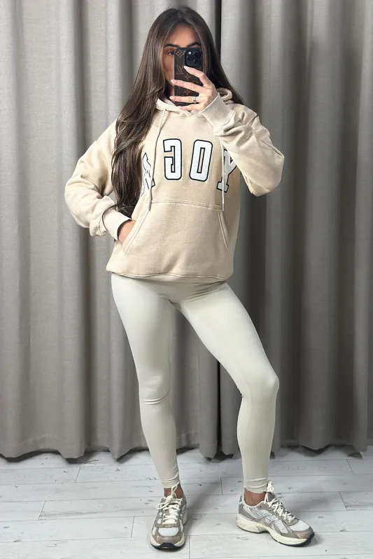 Anisa Beige Yoga Slogan Oversized Hoodie sold by Lasula