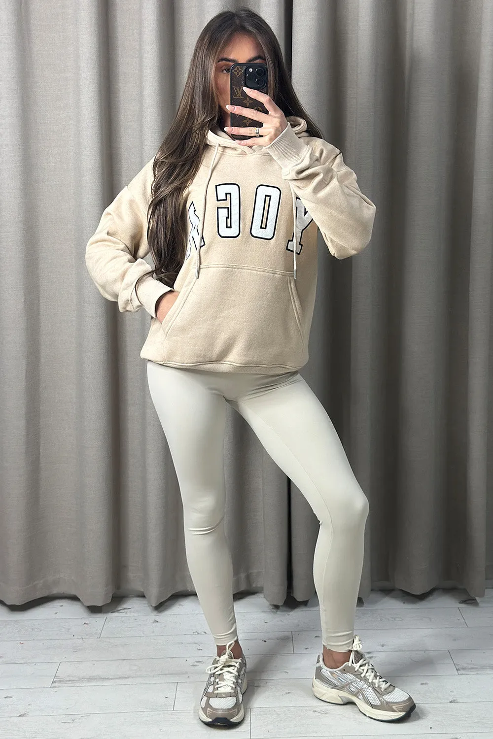 Anisa Beige Yoga Slogan Oversized Hoodie sold by Lasula
