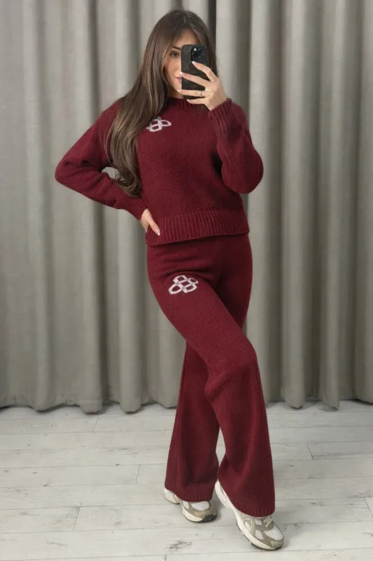Kerica Wine Buckle Knit Contrast Emblem Co Ord Set made by Lasula