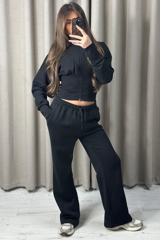Mirissa Black Zip Up Jacket and Wide Leg Tracksuit made by Lasula