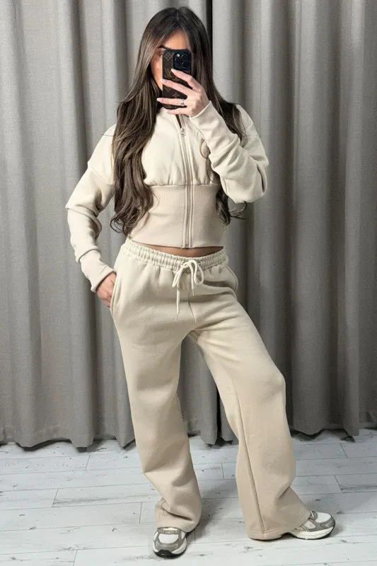Mirissa Beige Zip Up Jacket and Wide Leg Tracksuit made by Lasula