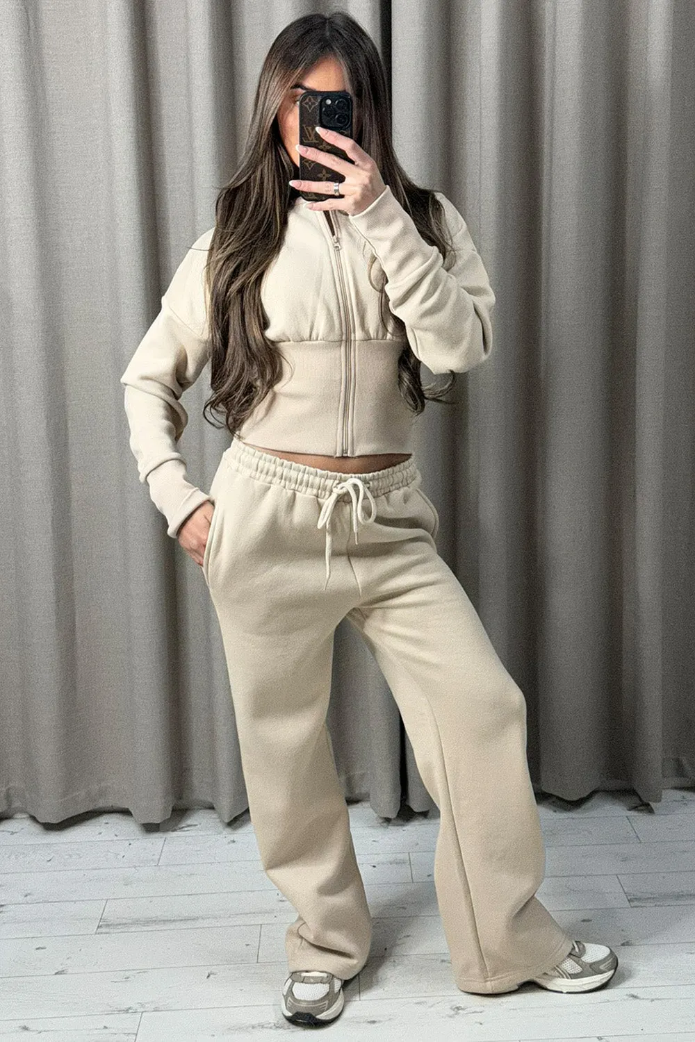 Mirissa Beige Zip Up Jacket and Wide Leg Tracksuit sold by Lasula