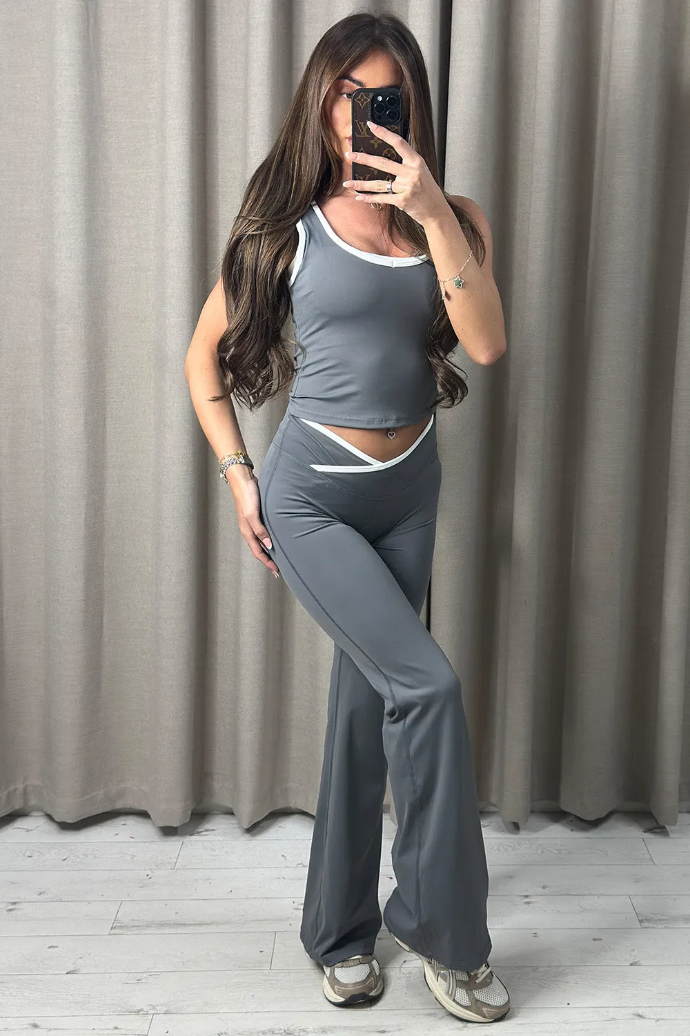 Elisenda Charcoal Contrast Trim Top And Leggings Gym Set sold by Lasula product image thumbnail 2