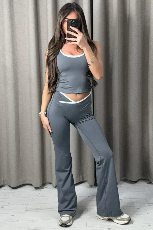 Elisenda Charcoal Contrast Trim Top And Leggings Gym Set sold by Lasula