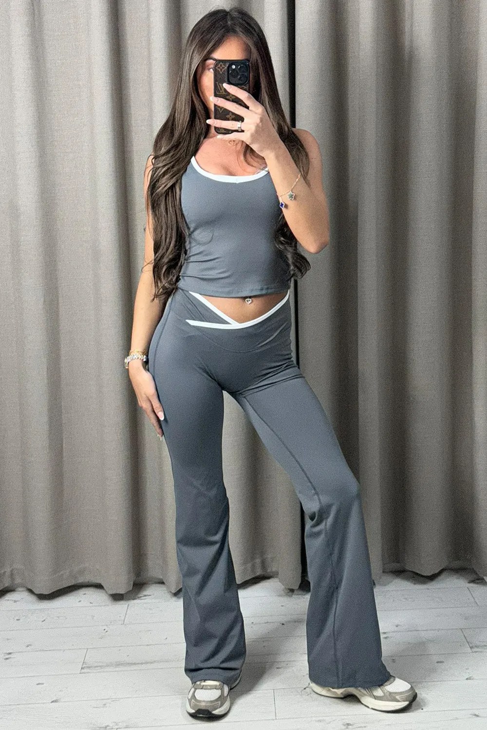 Elisenda Charcoal Contrast Trim Top And Leggings Gym Set sold by Lasula