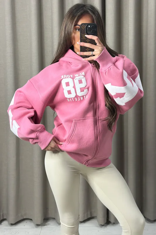 Tonia Pink New York Slogan Zip Up Hoodie made by Lasula