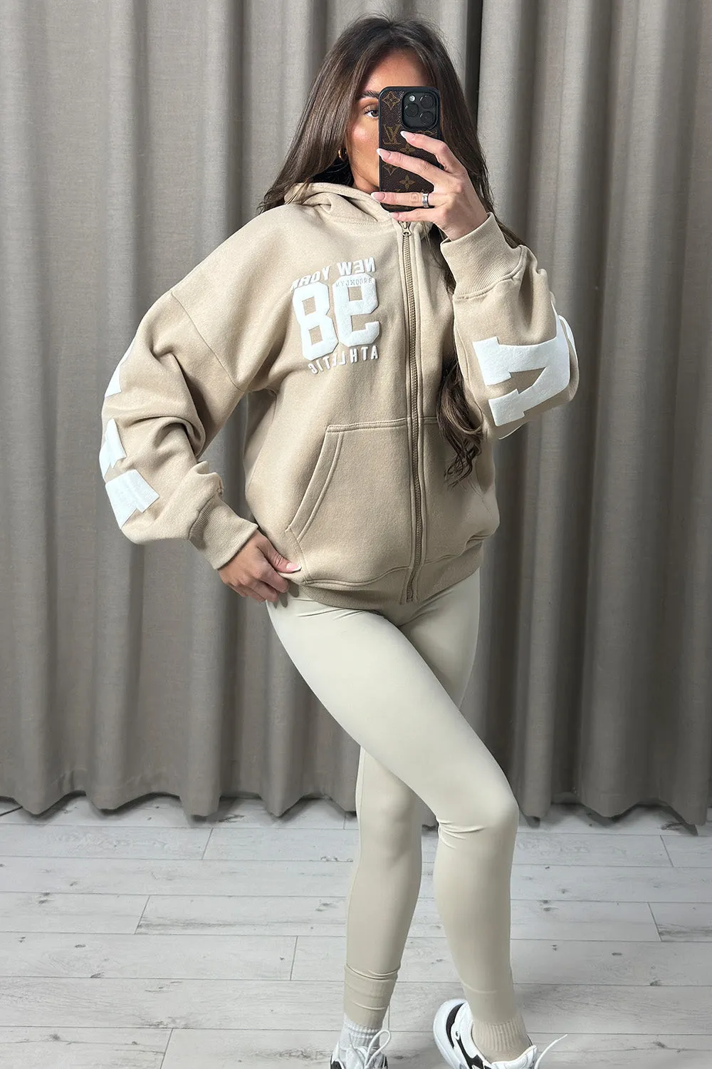 Tonia Beige New York Slogan Zip Up Hoodie sold by Lasula