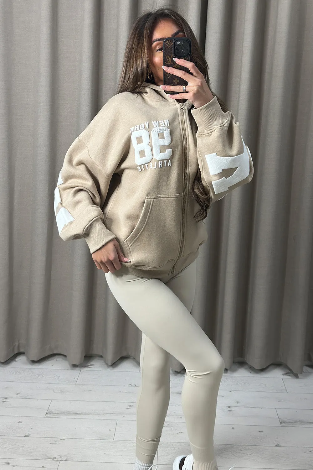 Tonia Beige New York Slogan Zip Up Hoodie sold by Lasula product image thumbnail 2