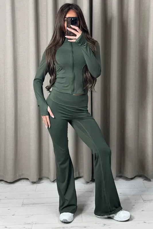 Carla Khaki Zip Up Jacket and Ruched Flared Leggings Gym Set made by Lasula
