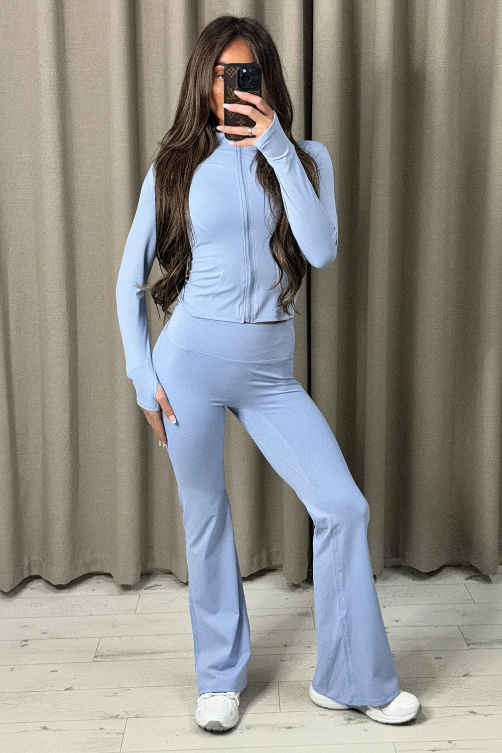 Carla Blue Zip Up Jacket and Ruched Flared Leggings Gym Set sold by Lasula product image thumbnail 2