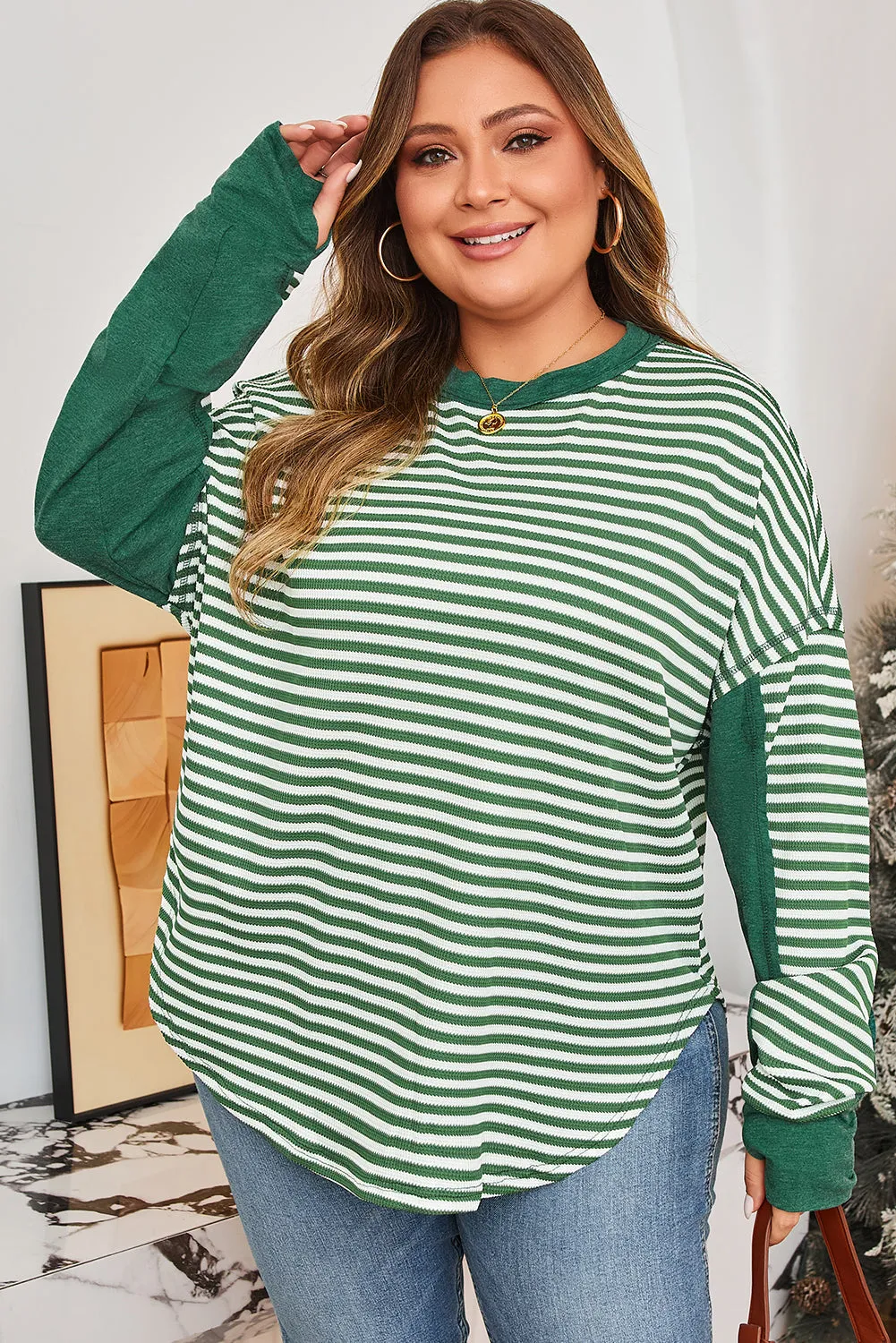 Green Stripe Exposed Seam Patchwork Plus Size Thermal Top sold by Threaded Pear product image thumbnail 4