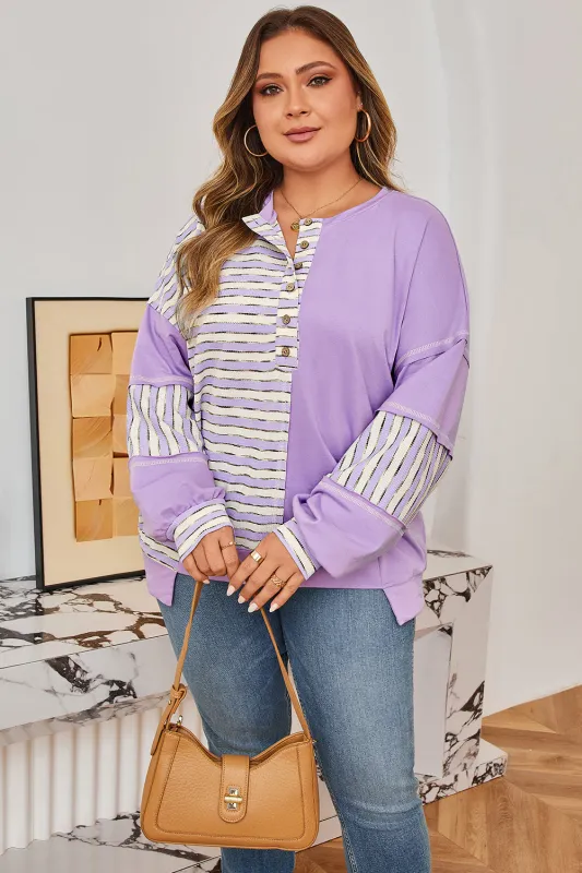 Purple Stripe Patchwork Buttoned Drop Shoulder Plus Size Pullover sold by Threaded Pear