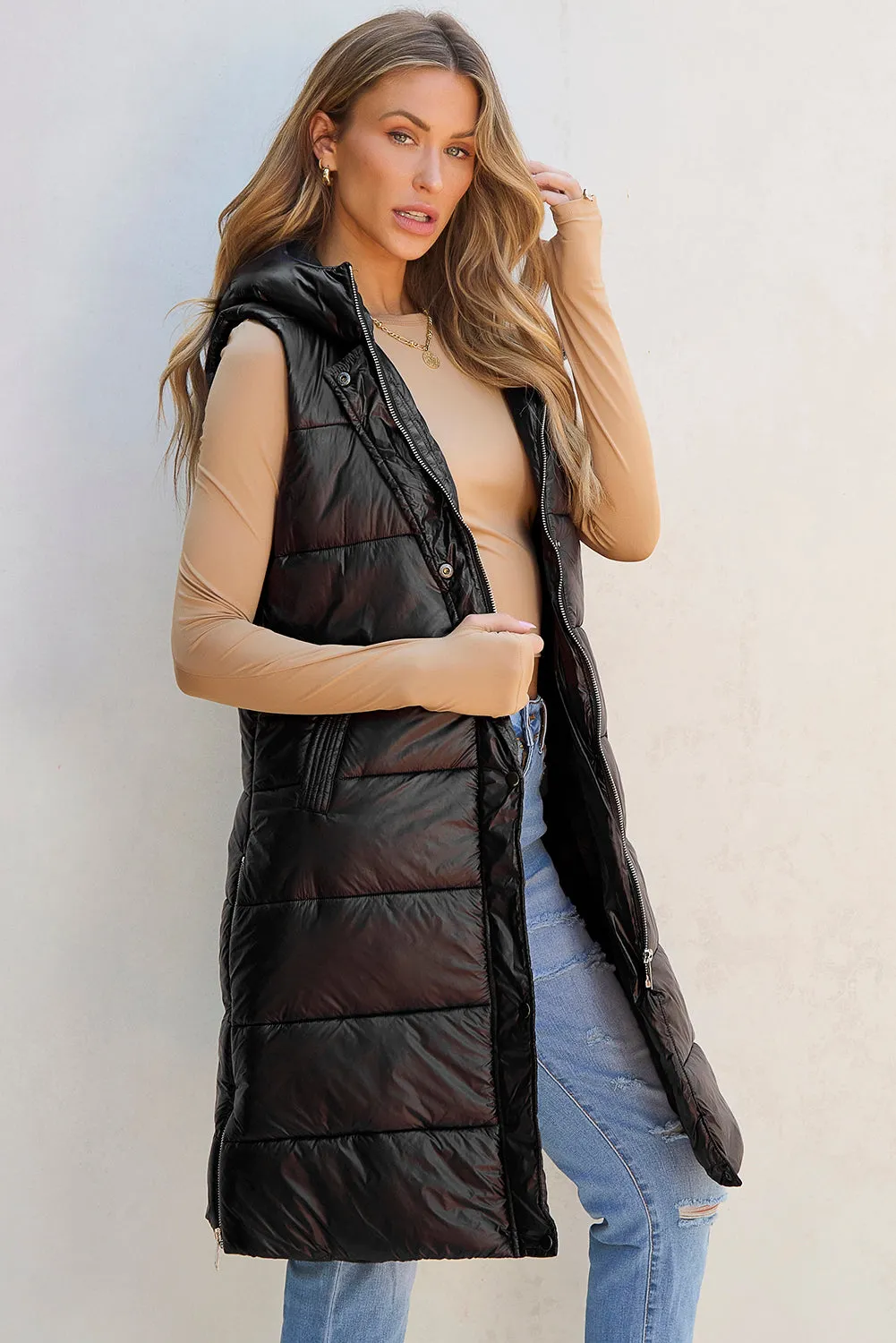 Black Hooded Long Quilted Vest PLUS Coat sold by Threaded Pear product image thumbnail 5
