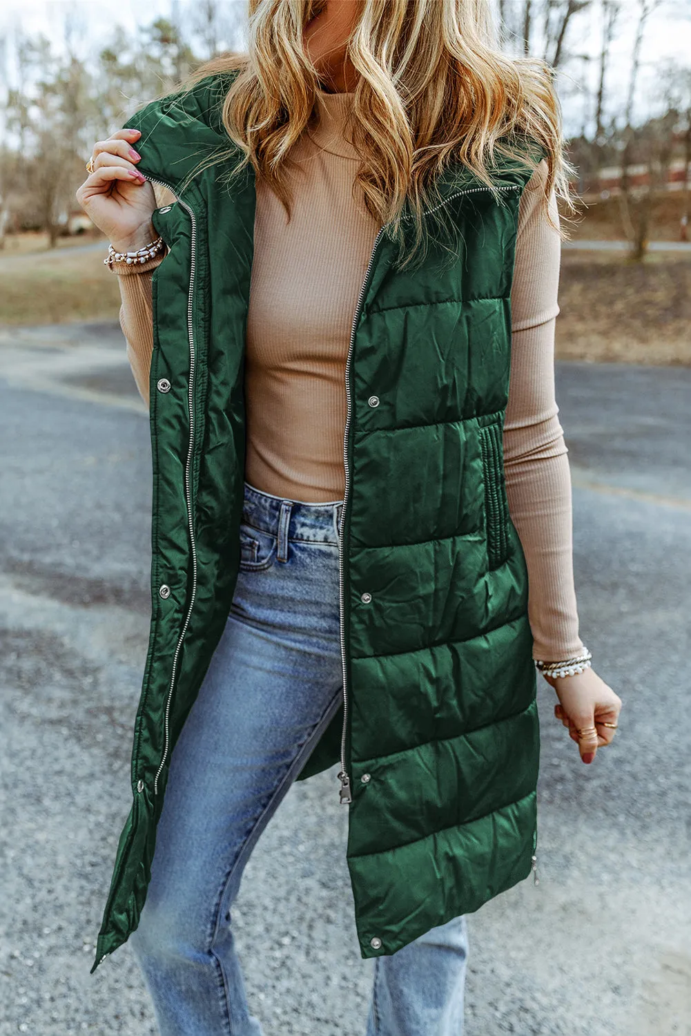 Black Hooded Long Quilted Vest PLUS Coat sold by Threaded Pear product image thumbnail 3