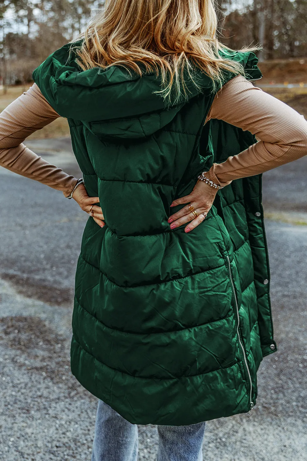 Black Hooded Long Quilted Vest PLUS Coat sold by Threaded Pear product image thumbnail 4