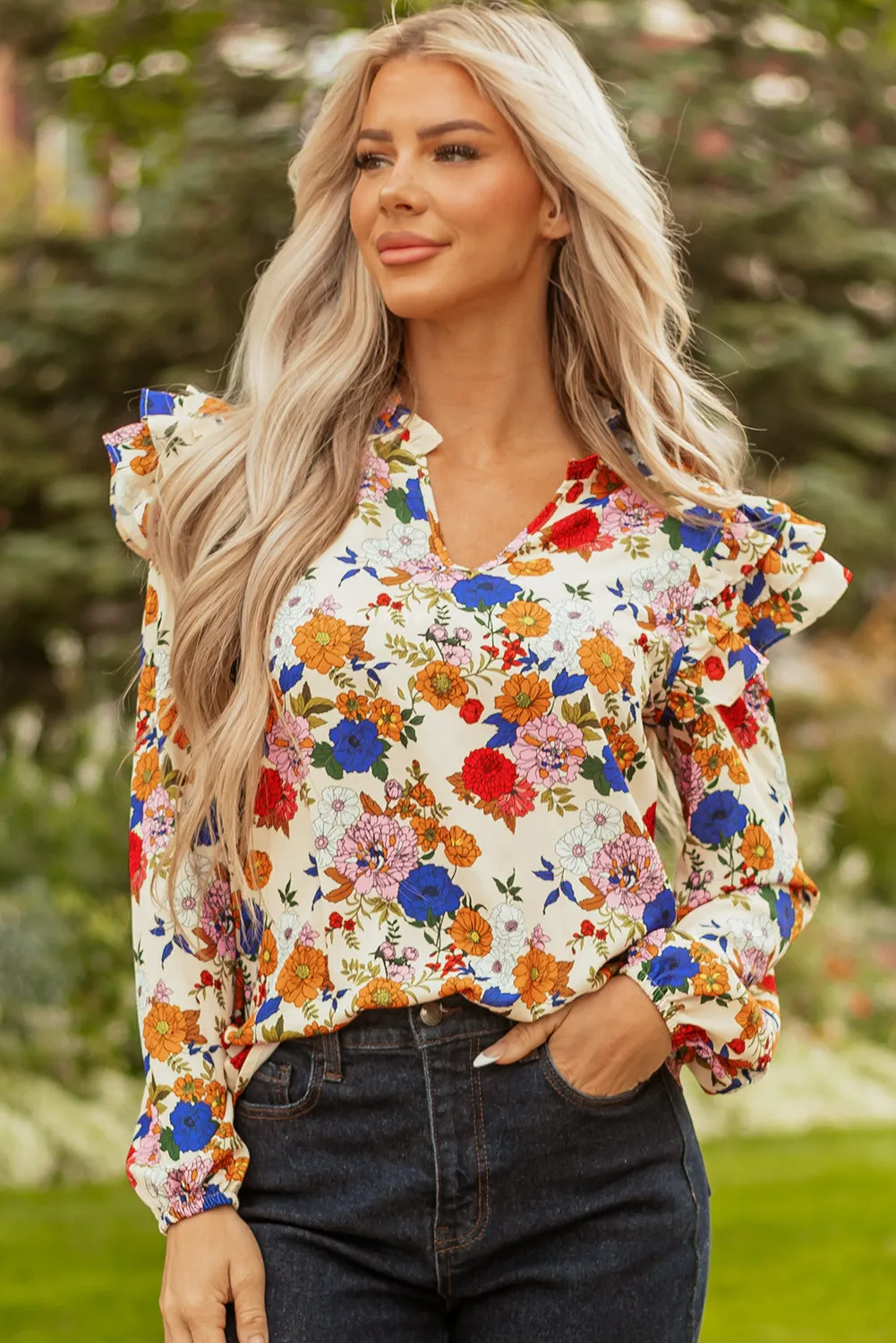 Apricot Ruffled Shoulder Long Sleeve Floral Blouse sold by Threaded Pear product image thumbnail 4