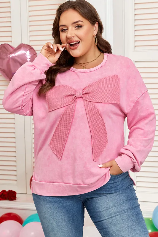 Bonbon Waffle Bowknot Patchwork Graphic Mineral Wash Plus Size Sweatshirt sold by Threaded Pear