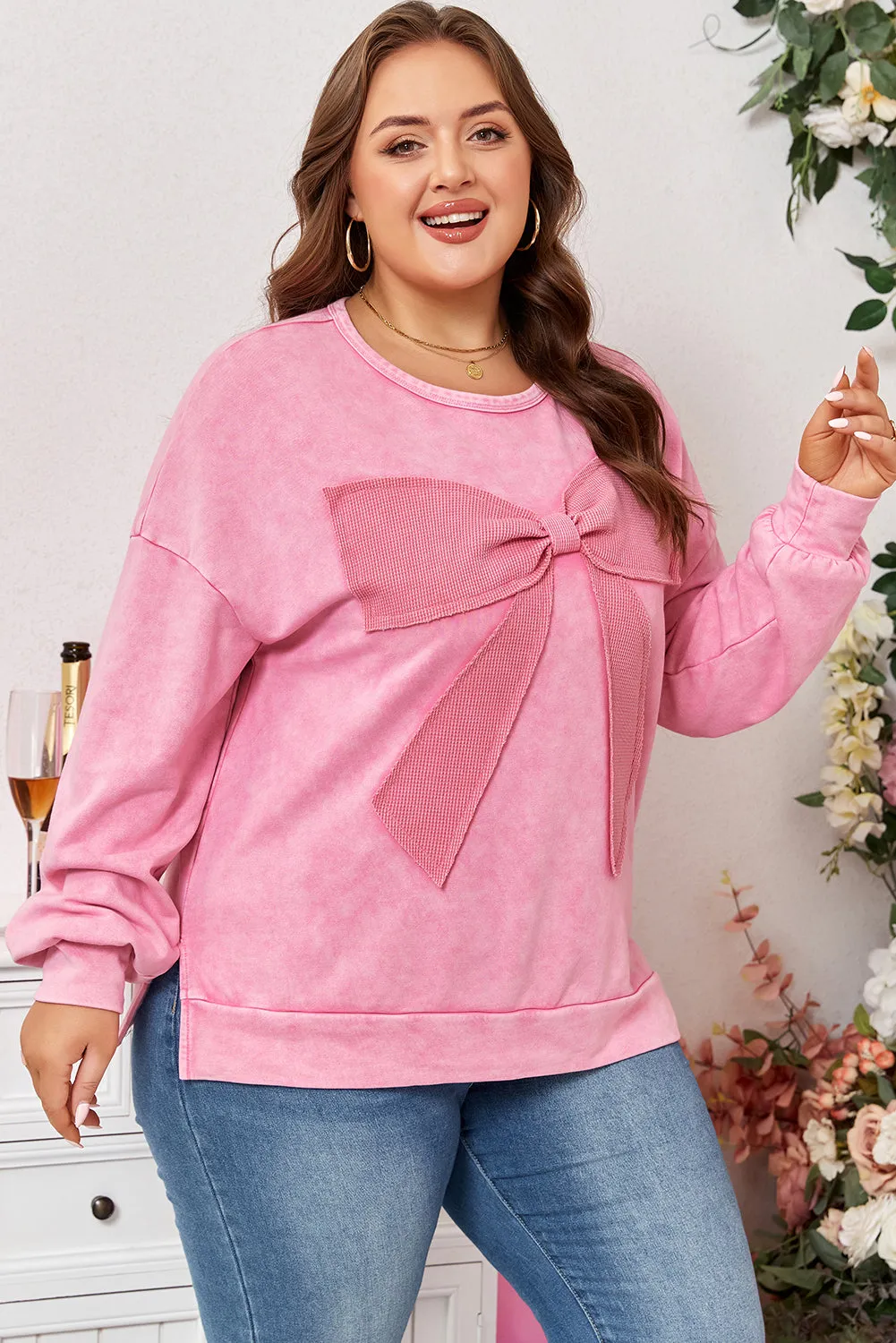 Bonbon Waffle Bowknot Patchwork Graphic Mineral Wash Plus Size Sweatshirt sold by Threaded Pear product image thumbnail 3