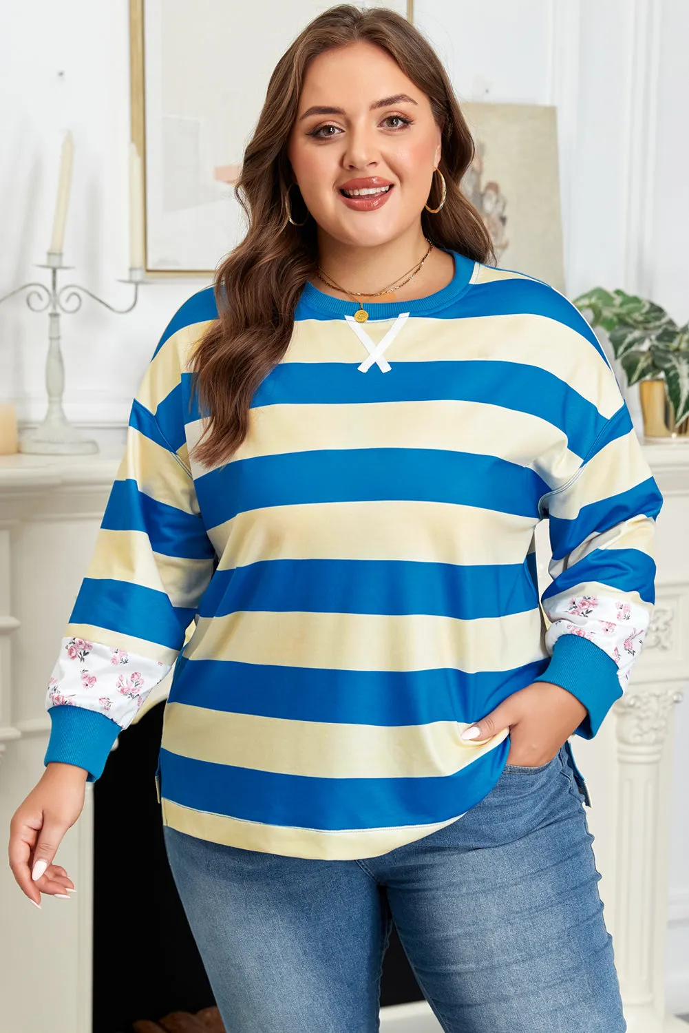 Blue Stripe Floral Color Block Drop Shoulder Plus Size Pullover Top sold by Threaded Pear product image thumbnail 4