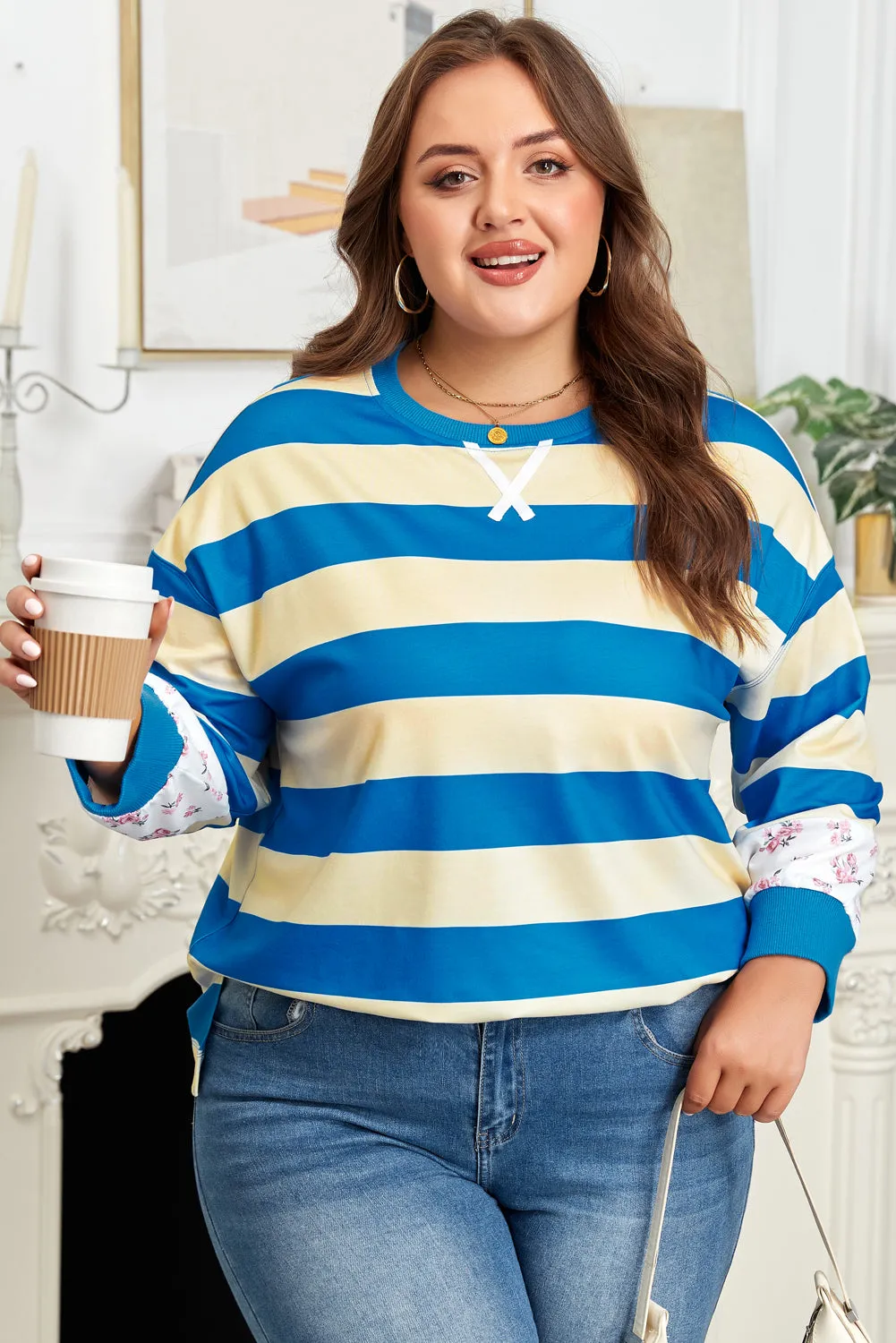 Blue Stripe Floral Color Block Drop Shoulder Plus Size Pullover Top sold by Threaded Pear