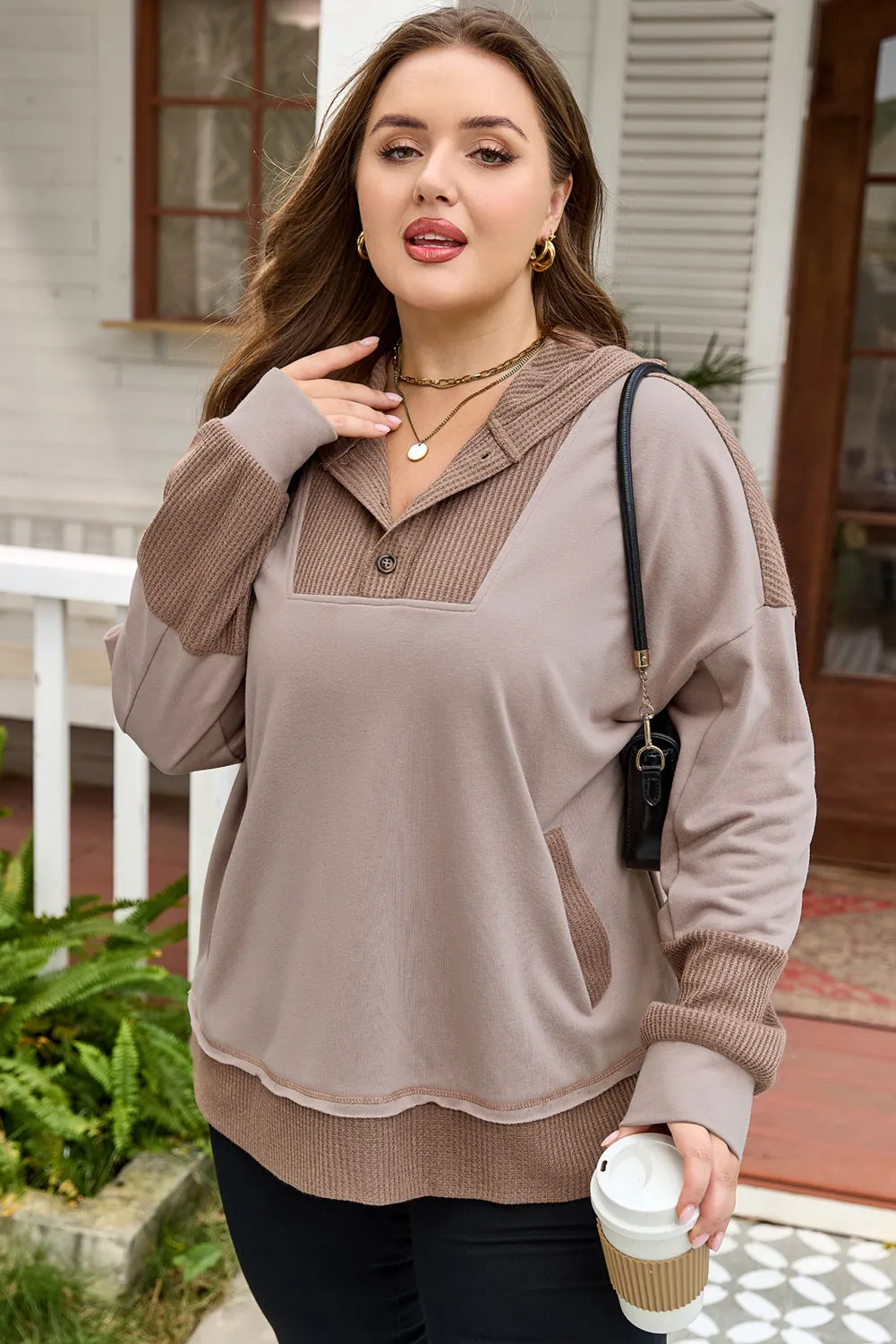 Goat Waffle Contrast Patchwork Plus Size Pocketed Hoodie sold by Threaded Pear product image thumbnail 3