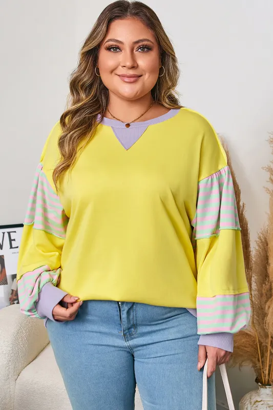 Yellow Striped Color Block Patchwork Crewneck Plus Size Pullover Sweatshirt made by Threaded Pear