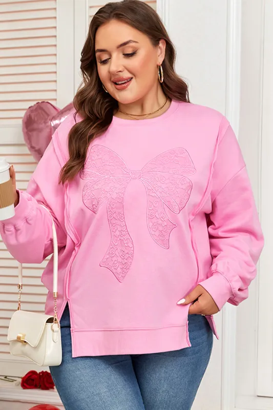Pink Big Bow Lace Embroidered Dolman Sleeve Slit Plus Size Sweatshirt sold by Threaded Pear