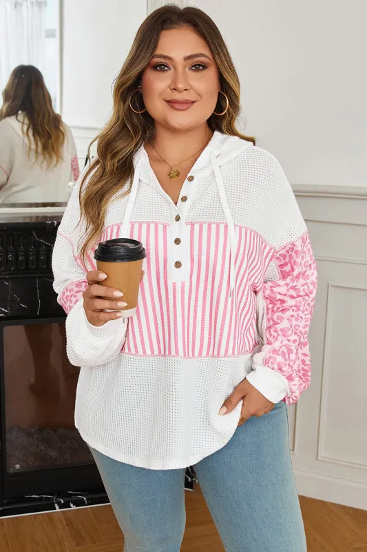 Pink Stripe Leopard Patchwork Waffle Knit Buttoned Plus Size Hoodie sold by Threaded Pear