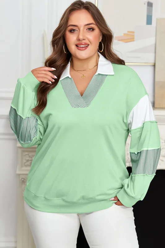 Moonlight Jade Color Block Striped Patchwork Collar V Neck Plus Size Sweatshirt sold by Threaded Pear