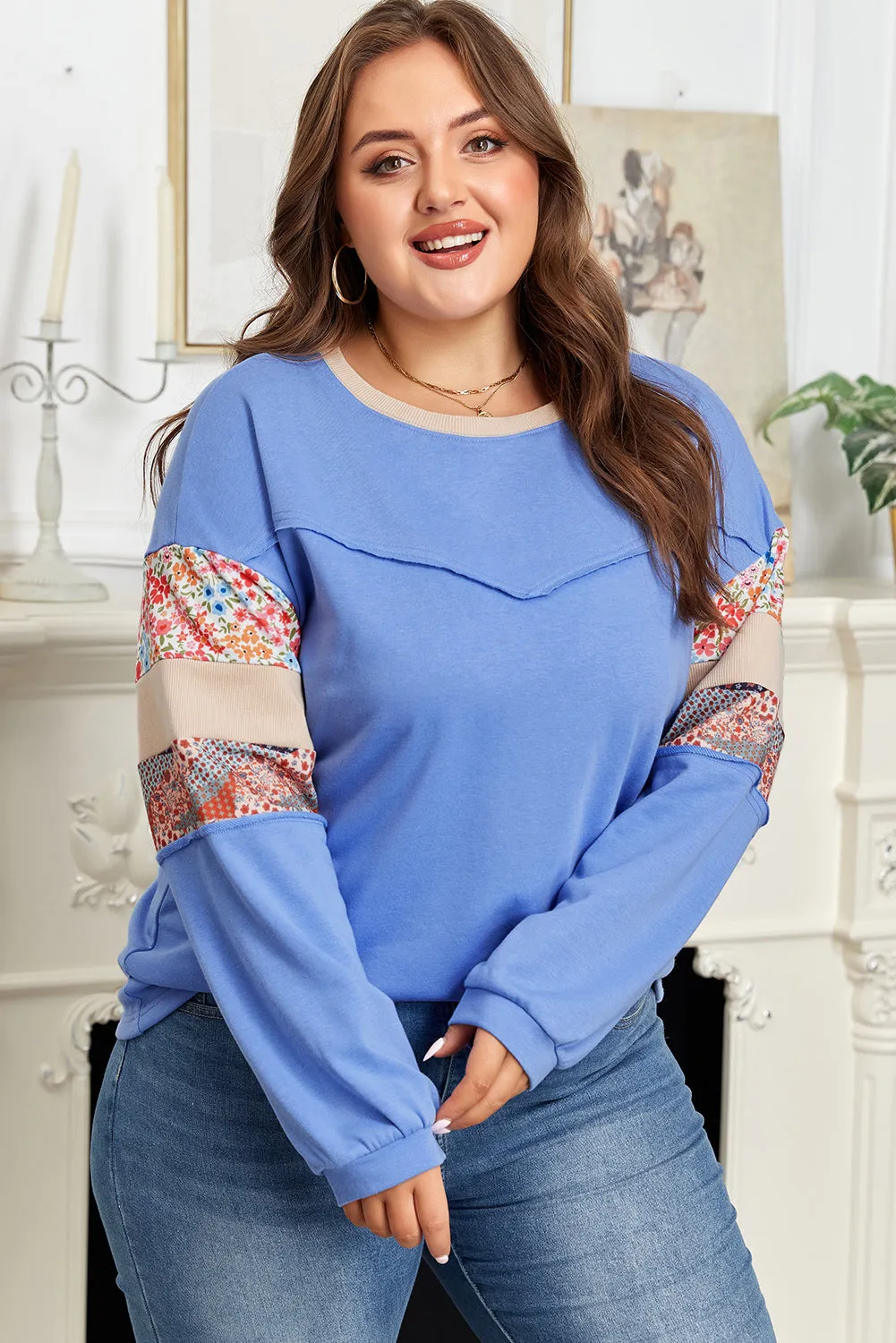 Khaki Exposed Seam Floral Mixed Patchwork Relaxed Plus Size Top sold by Threaded Pear product image thumbnail 4