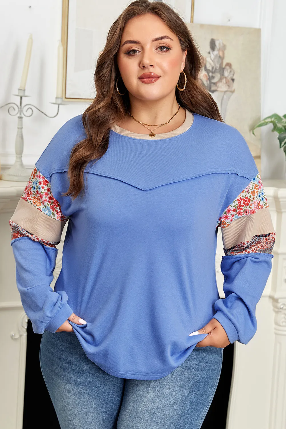 Khaki Exposed Seam Floral Mixed Patchwork Relaxed Plus Size Top sold by Threaded Pear