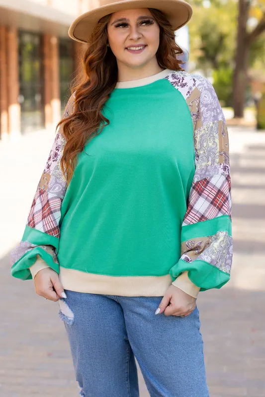 Sky Blue Plus Size Plaid Floral Patchwork Raglan Sleeve Sweatshirt sold by Threaded Pear