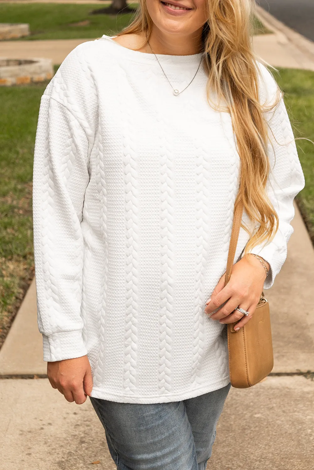 White Cable Textured Loose Plus Size Sweatshirt sold by Threaded Pear product image thumbnail 5