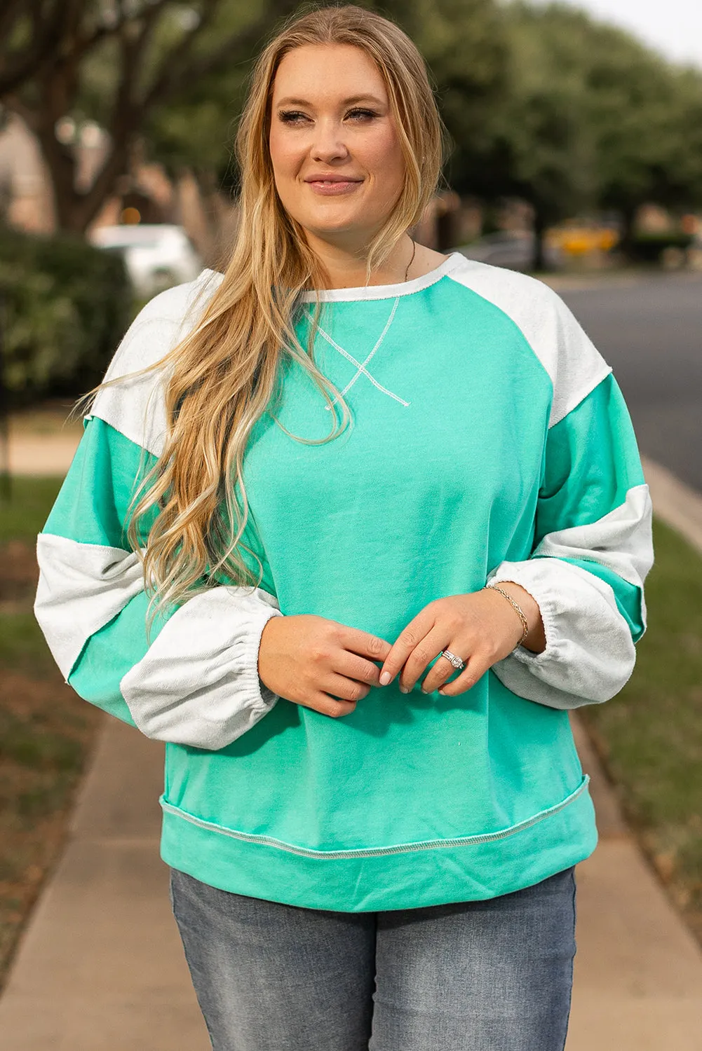 Aruba Blue Colorblock Patchwork Cross Seam Plus Sweatshirt sold by Threaded Pear product image thumbnail 5