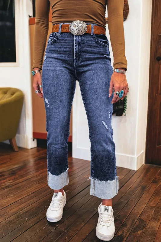 Jacy Cuffs Distressed Straight High Waist Jeans sold by Threaded Pear